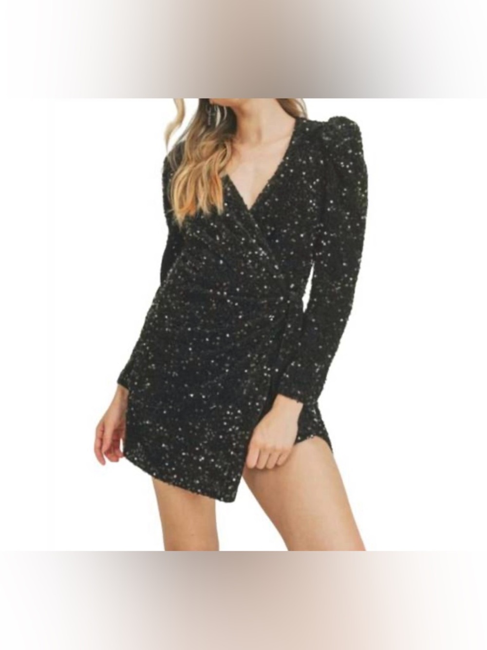 Black Sequin Long Sleeve Wrap Dress